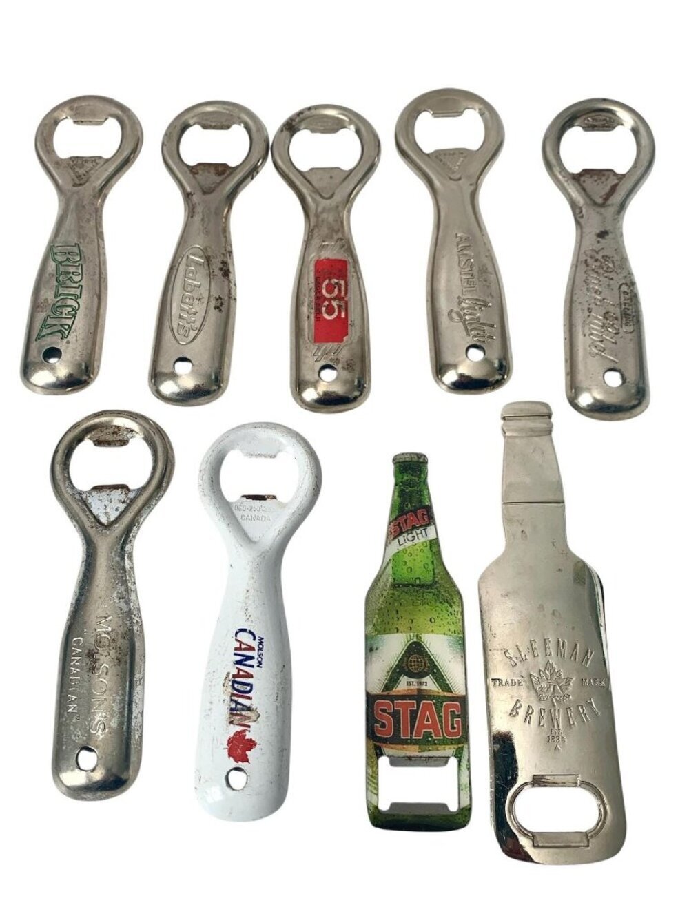 9 Vintage Assorted Bottle Opener Rustic Condition Molsons Stag Brick Labatt's